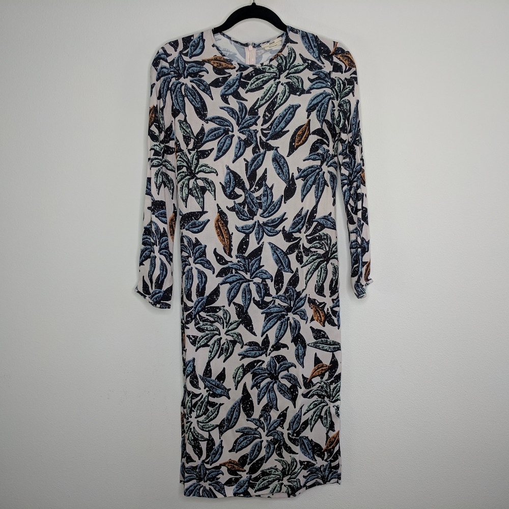 NWOT Edun Beige Leaf Print Sheath Dress Midi sz 2